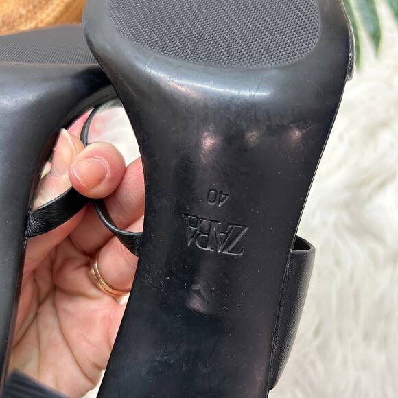 NEW Zara Black Heeled Sandal 9 Square Toe Faux Leather Strappy Buckle - Picture 4 of 7